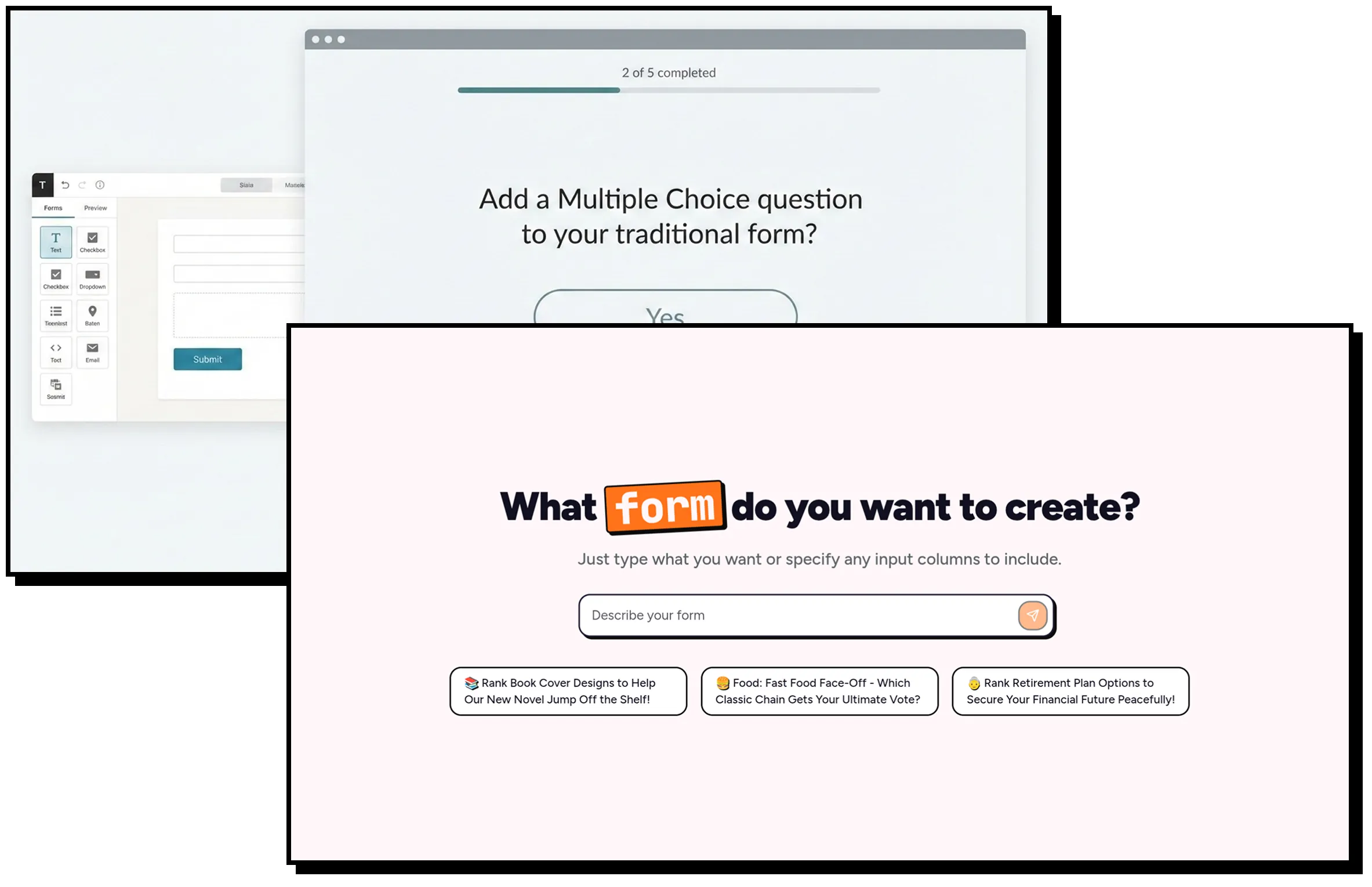 A split-screen comparison. On the left, a cluttered, gray interface of a traditional form builder with confusing menus. On the right, the clean, white PingPolls interface showing a simple chat box that says 'What kind of form do you want to build?'